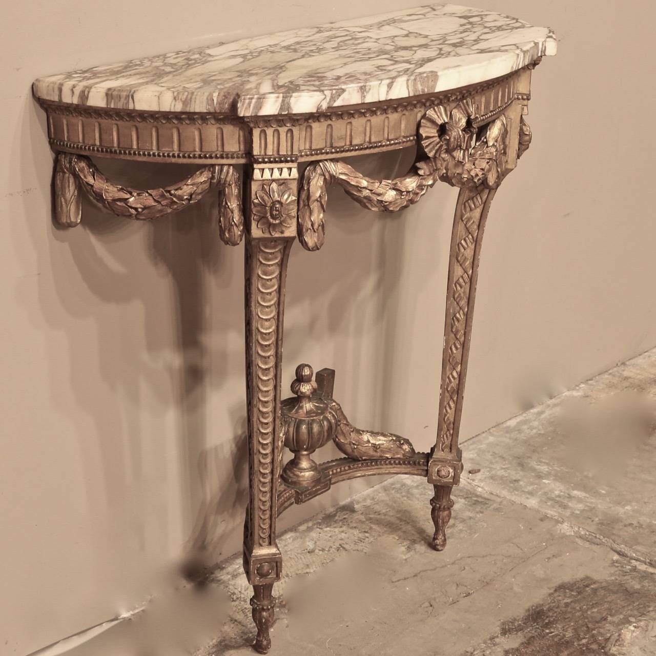 19th Century French Louis XVI Neoclassical Giltwood Marble-Top Console In Excellent Condition In Dallas, TX