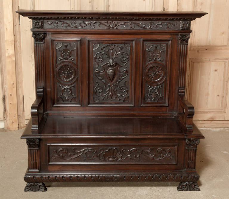 19th Century Antique Italian Renaissance Walnut Hall Bench