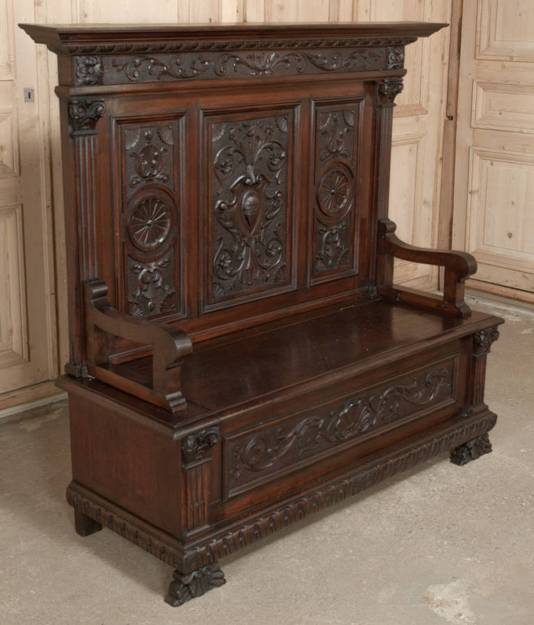 Antique Italian Renaissance Walnut Hall Bench 1