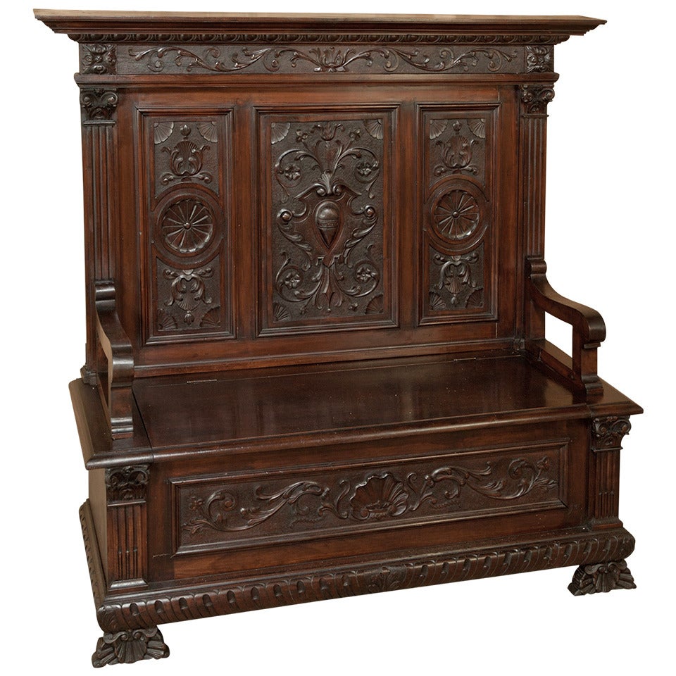 Antique Italian Renaissance Walnut Hall Bench