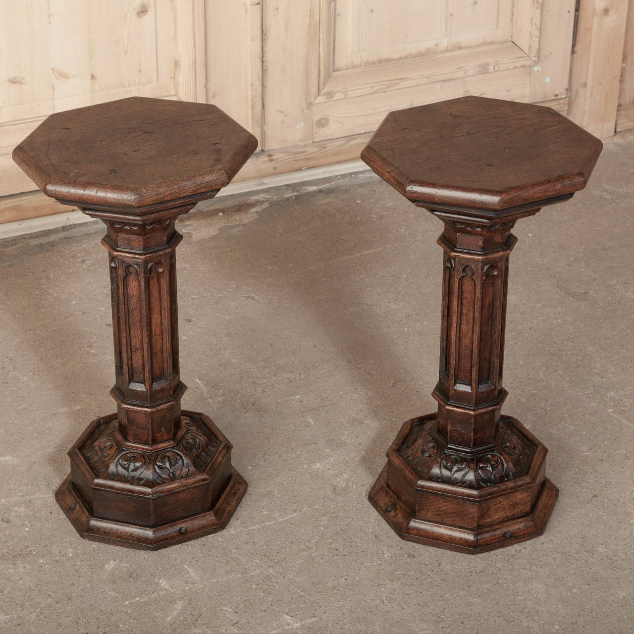 Hand-Carved Pair of 19th Century Gothic Pedestals