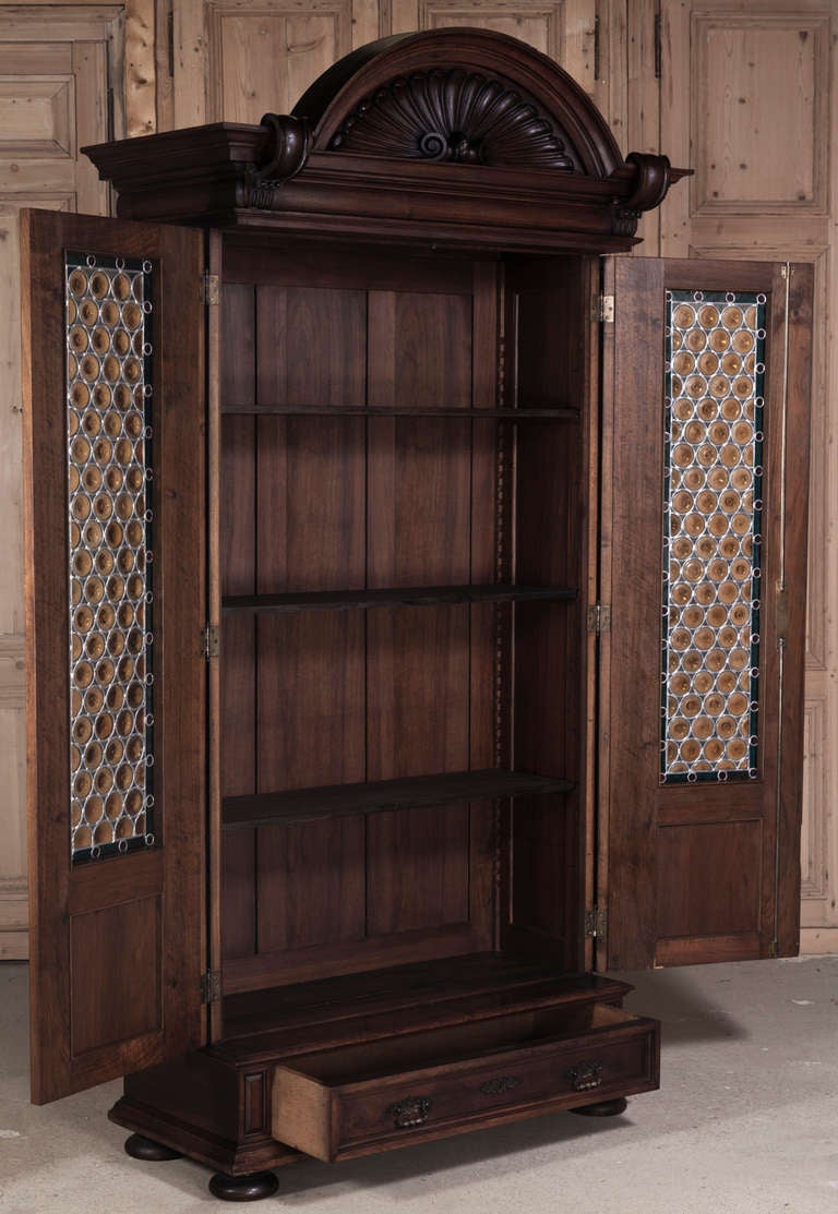19th Century Antique French Renaissance Walnut Bookcase with Stained Glass 4