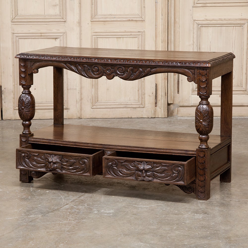 19th Century Renaissance Hall Table – Console features two surfaces and a pair of finely carved drawers. Also makes a perfect sofa table and a perfect element to creating authentic English country home decor with a genuine, relaxed and rustic