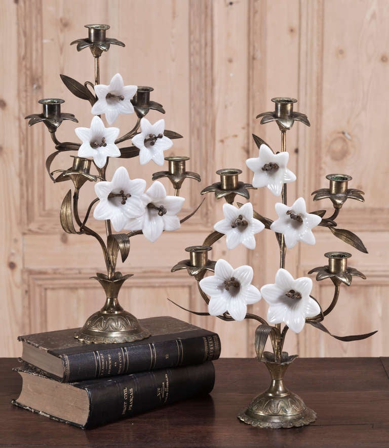 Pair  19th Century French Brass & Glass Candelabra ~ Sale ~