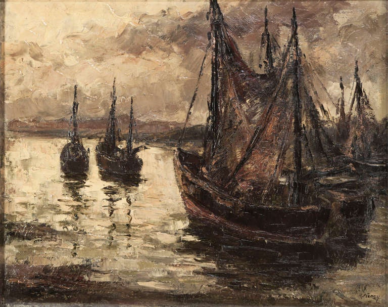 This superb impressionistic antique oil painting by Robert Frenay (1903-1986) depicts early morning in the harbor of a fishing village near Belgian city Bruges.  Frenay was particularly noted for his seascapes, cityscapes and still life works.