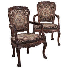 Pair Antique Chippendale Needlepoint Tapestry Armchairs