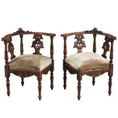 19th c. Pair Antique Italian Renaissance Corner Chairs