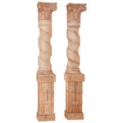 Pair French Architectural Corinthian Stripped Oak Hand Carved Columns, ca. 1850 5