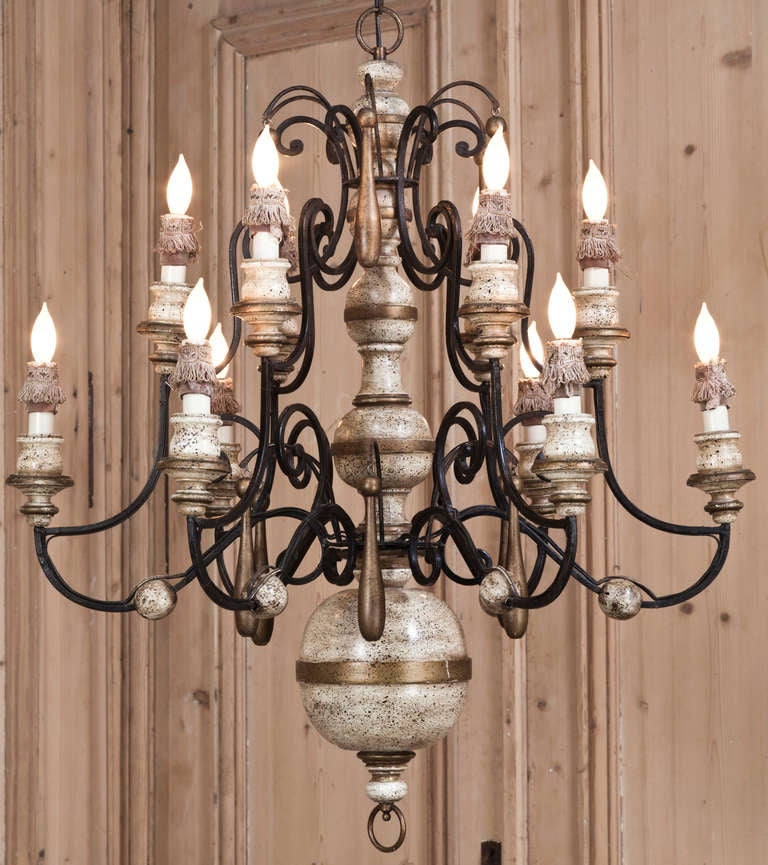 French Vintage Wrought Iron & Wood Chandelier