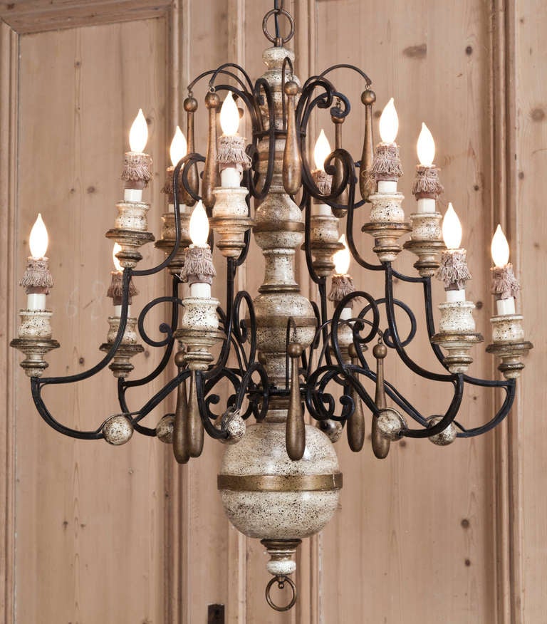 Vintage Wrought Iron & Wood Chandelier In Excellent Condition In Dallas, TX