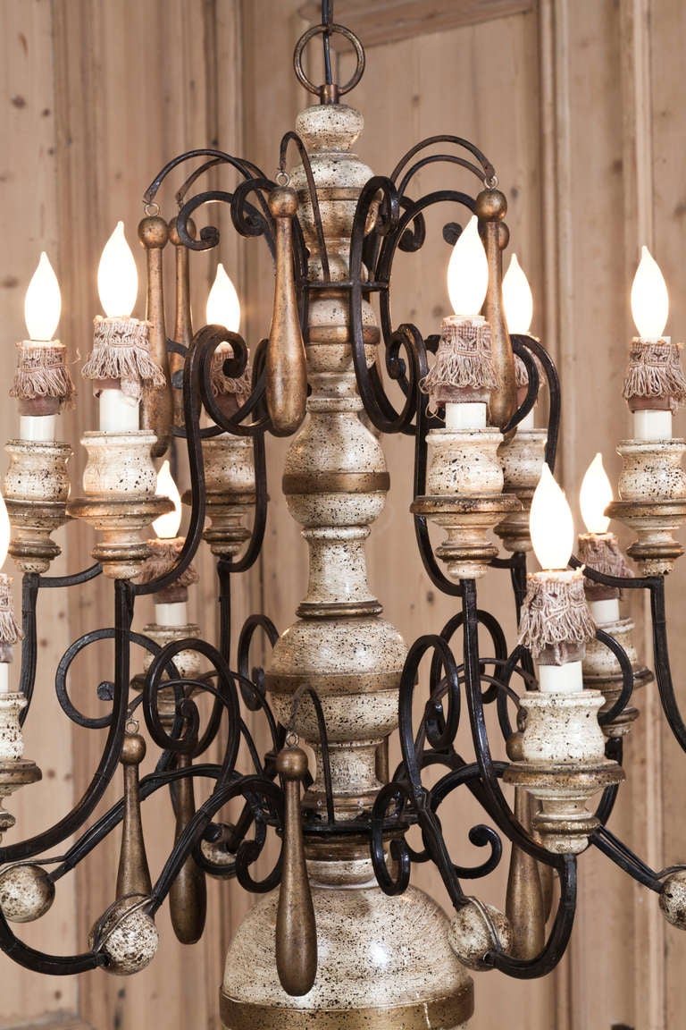 Vintage Wrought Iron & Wood Chandelier 1