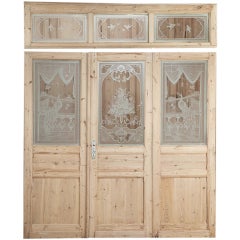 Antique Set of Three Pine Doors with Etched Glass & Transom