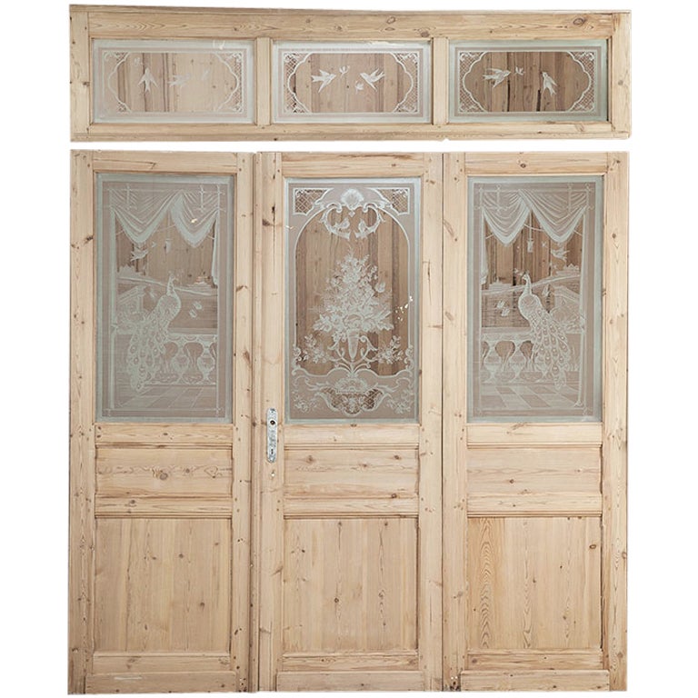 Set of Three Pine Doors with Etched Glass & Transom