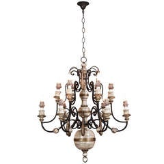 Vintage Wrought Iron & Wood Chandelier