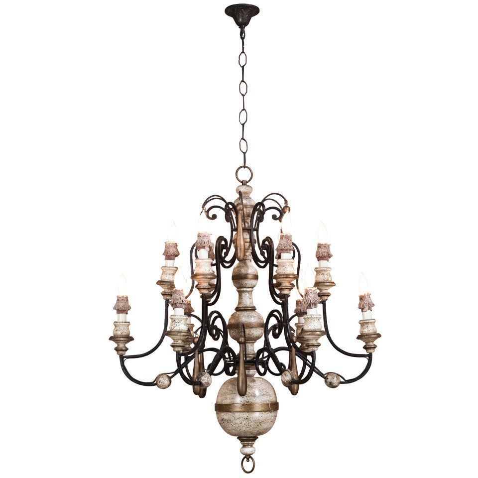 Vintage Wrought Iron & Wood Chandelier