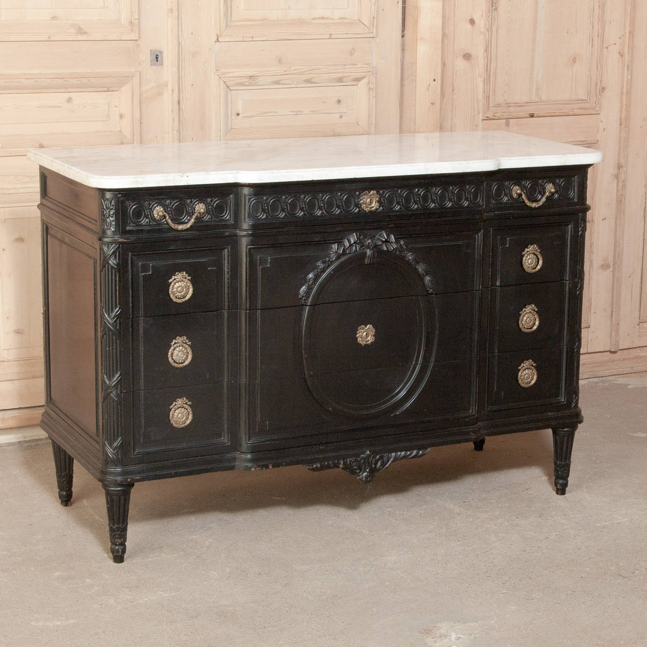 19th Century French Louis XVI Carrera Marble-Top Ebonized Neoclassical Commode
