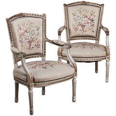Pair Antique Louis XVI Tapestry Armchairs