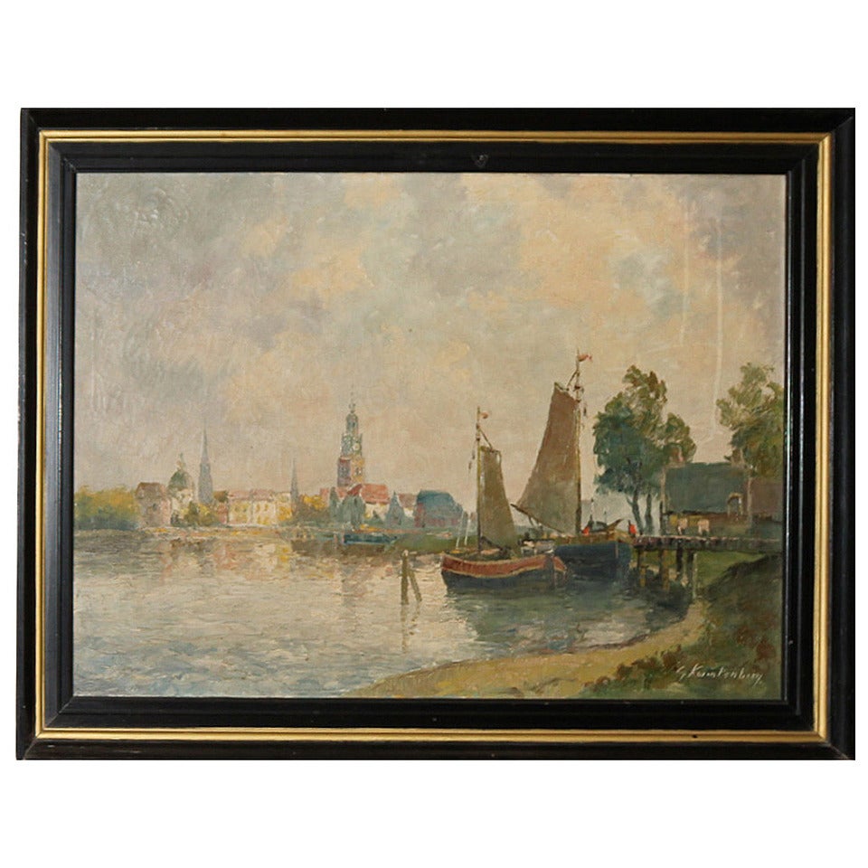 Antique Oil Painting on Canvas "The Wittenberg Harbor"