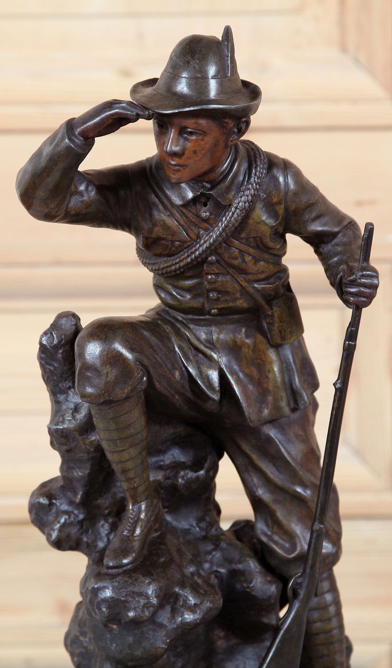 Gazing out across the landscape in search of prey, this Alpine hunter has been finished in a two-toned patinaed bronze finish to make an excellent addition to your masculine decor. An excellent work by Jean Garnier (1880-1910) whose life and career