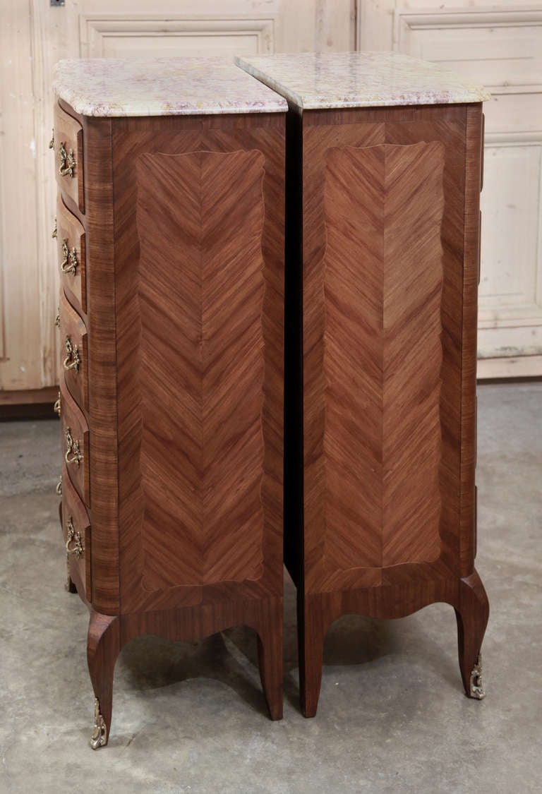 Pair Antique Marble Top Marquetry Chiffonieres 2