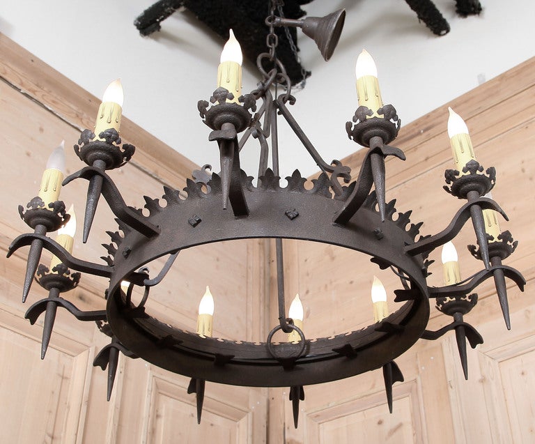 Vintage Gothic Wrought Iron Chandelier In Excellent Condition In Dallas, TX