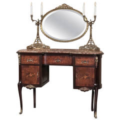 Antique French 19th Century Rosewood Louis XVI Marble Top Vanity with Bronze Sconces