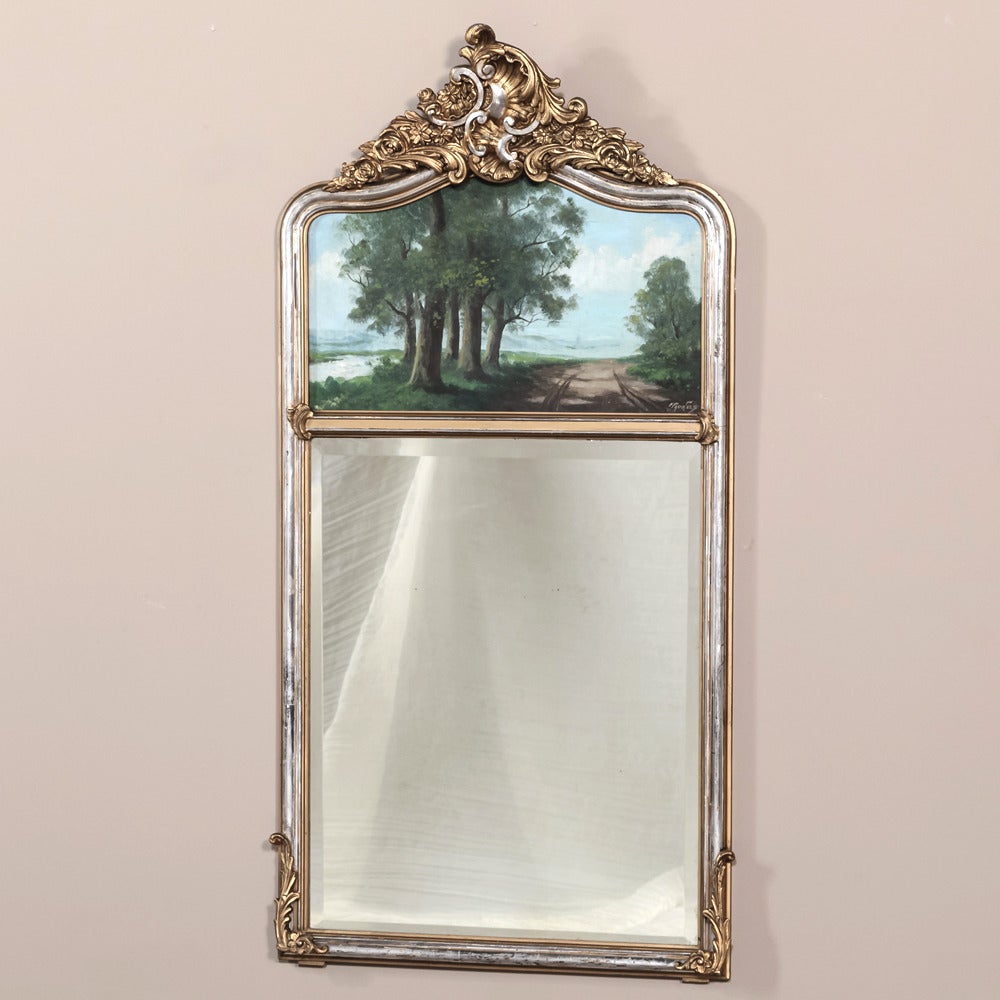 This French 19th century Louis XV gilded and silver-leaf trumeau features a Classic Rococo cartouche with floral and foliate embellishments in abundance appearing above a tranquil pastoral landscape scene. The frame boasts its original silver and