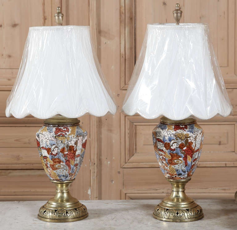 Pair Antique Chinese Oil Lantern Table Lamps
