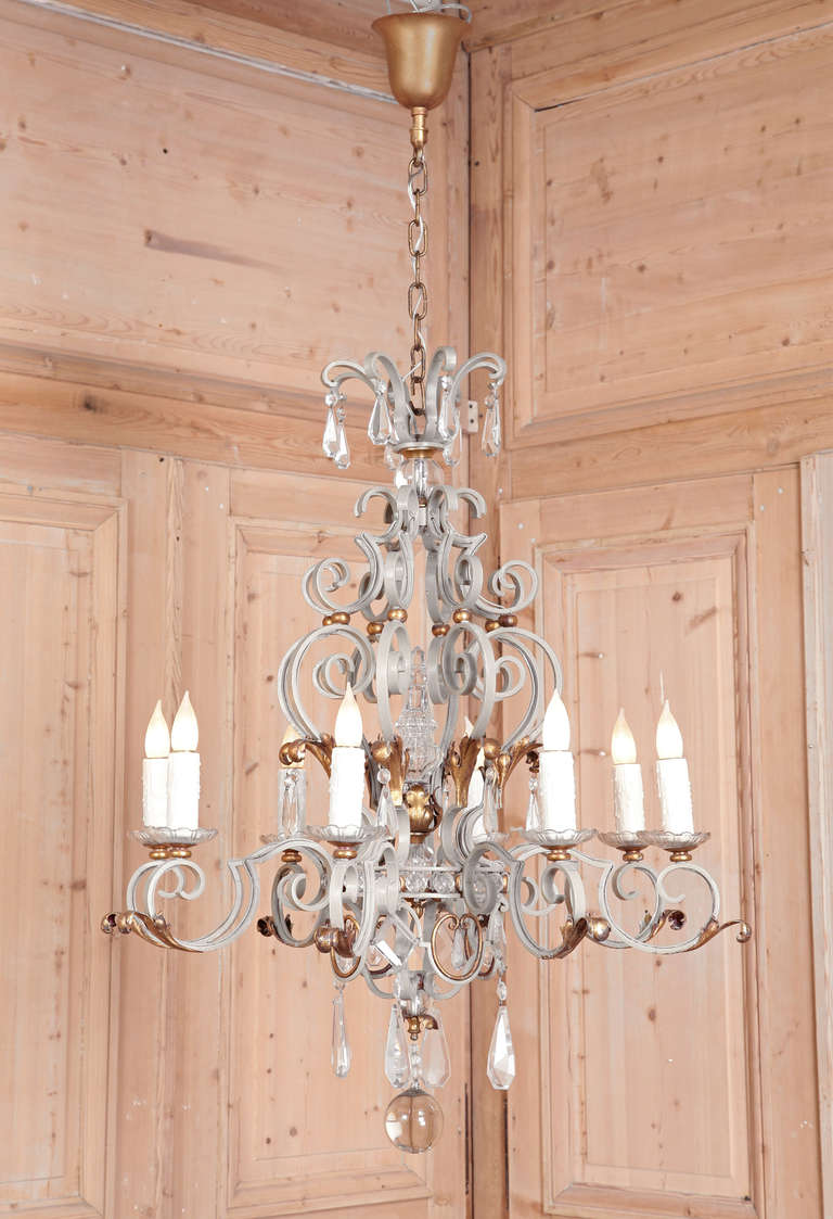 Antique Provincial Wrought Iron & Crystal Chandelier
