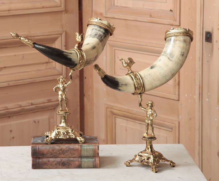 Awarded as prizes, this Pair of Antique Trophy Horns was designed to be proudly displayed on a desk or in a bookcase, and is perfect for the masculine decor.
Circa 1890s.
Measures 18H x 16W x 7D