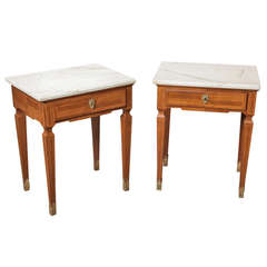 Pair of Antique French Marquetry Marble Top Nightstands