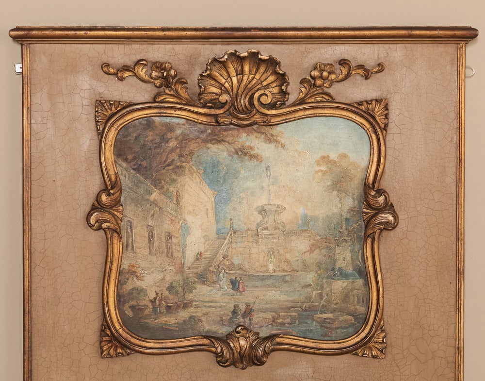 This elegant hand-painted French Louis XIV trumeau represents the essence of interior architectural detailing that flourished in the 18th century and continued into 19th century Europe. Originating as an actual wall element, such as a panel over the