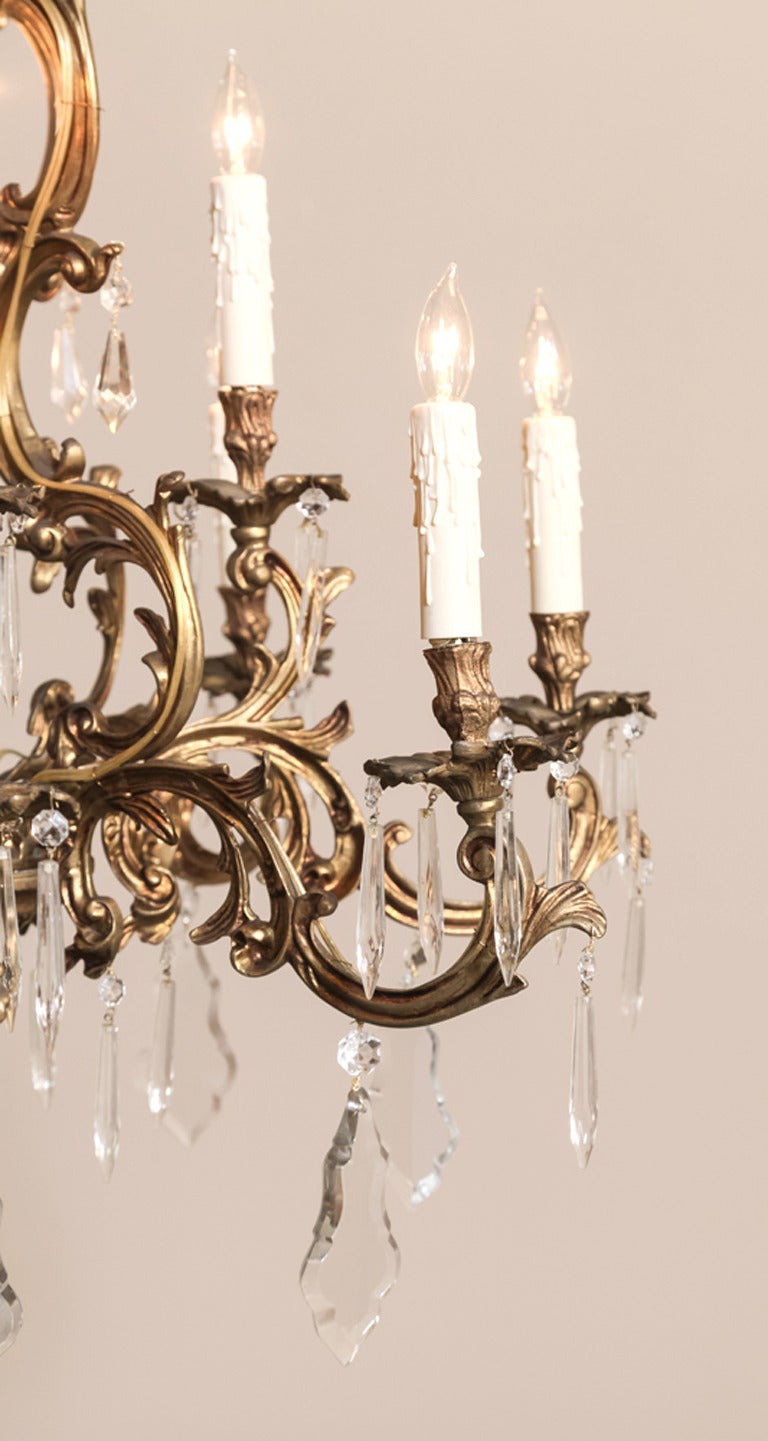 Italian Rococo Brass and Crystal Sixteen-Light Chandelier