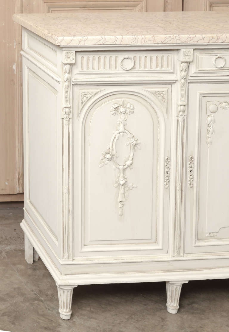Antique French Louis XVI Marble Top Painted Buffet In Excellent Condition In Dallas, TX