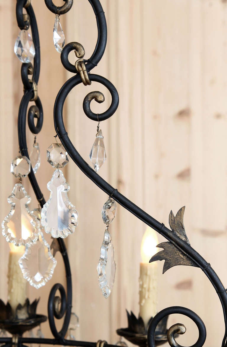 Vintage French Wrought Iron & Crystal Chandelier 3