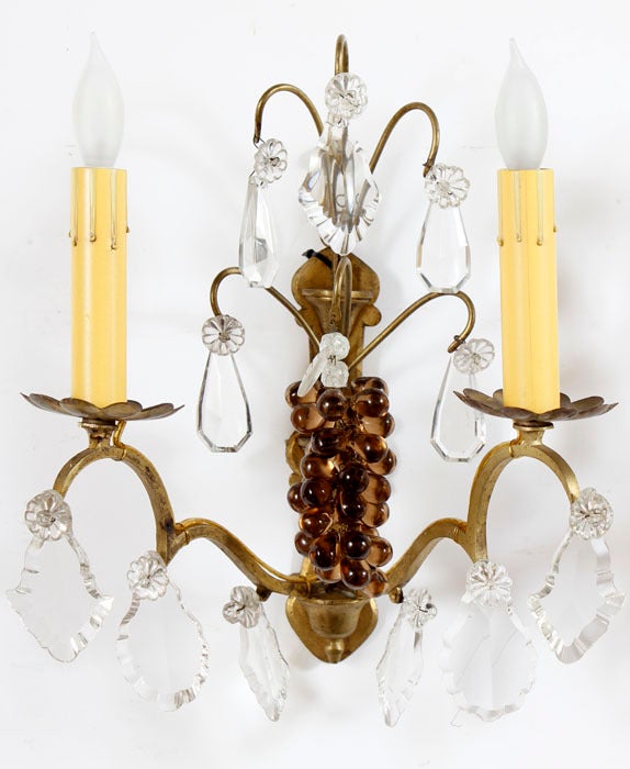 Elegant Italian antique handblown pair of sconces, crafted in crystal with handblown amber Venetian glass with grape clusters to tantalize the eye and faceted crystals to bounce the light around the room for a charming effect. Each has been rewired
