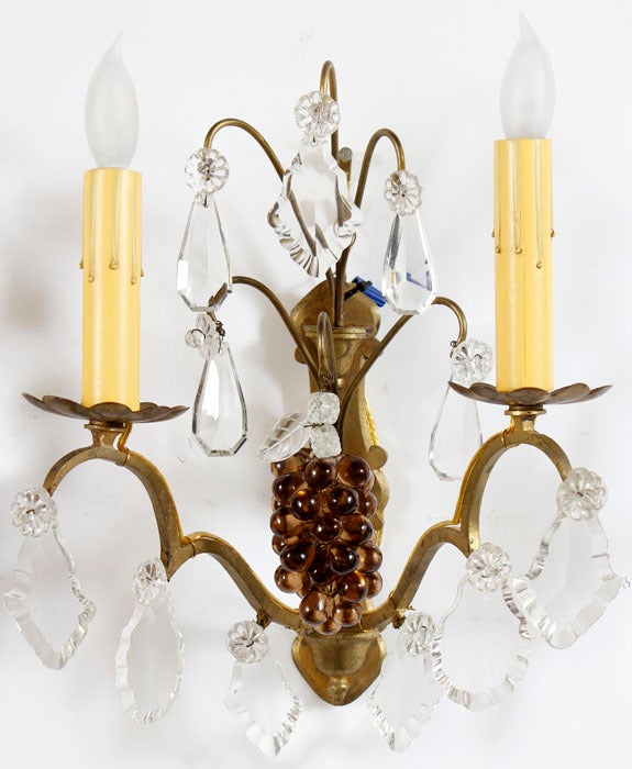 Neoclassical Revival Pair of Italian Crystal and Bronze Handblown Grape Amber Venetian Glass Sconces
