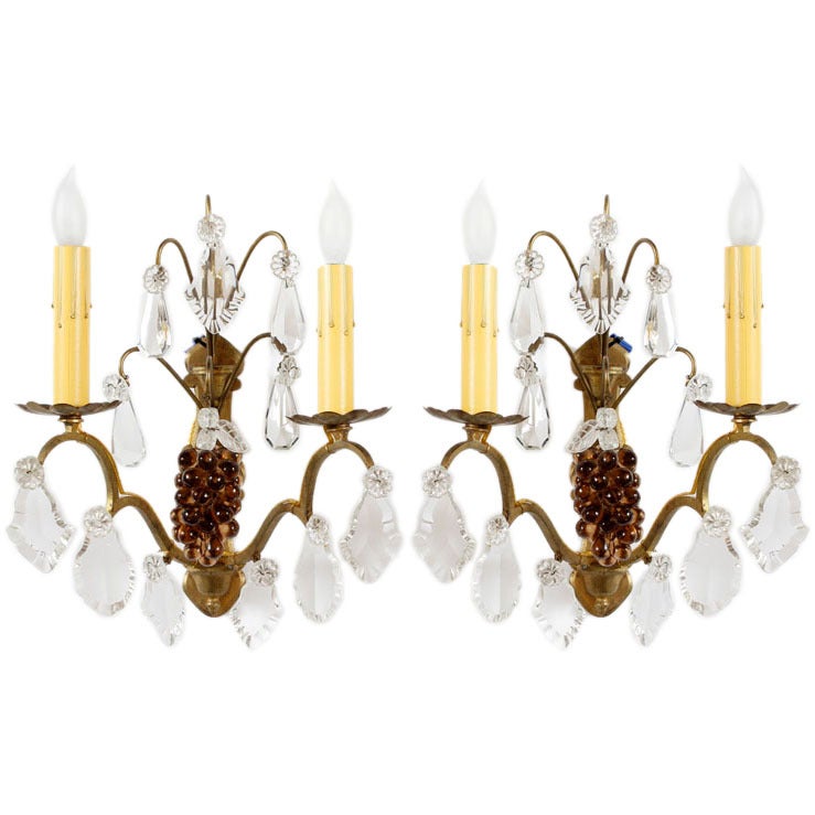 Pair of Italian Crystal and Bronze Handblown Grape Amber Venetian Glass Sconces