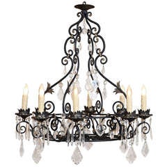 Vintage French Wrought Iron & Crystal Chandelier
