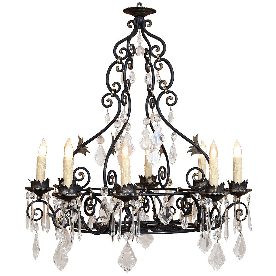 Vintage French Wrought Iron & Crystal Chandelier