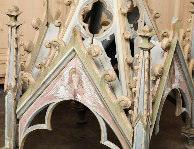 Wood Antique French Gothic Painted Shrine Canopy