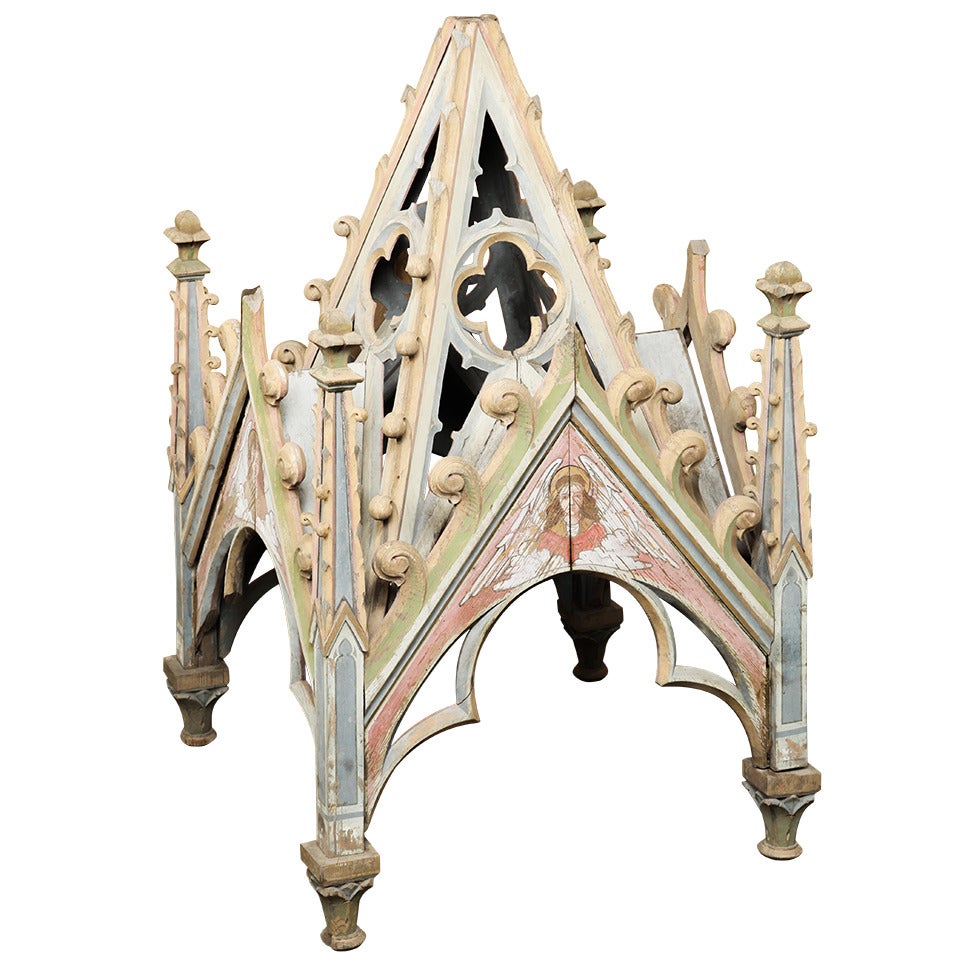 Antique French Gothic Painted Shrine Canopy