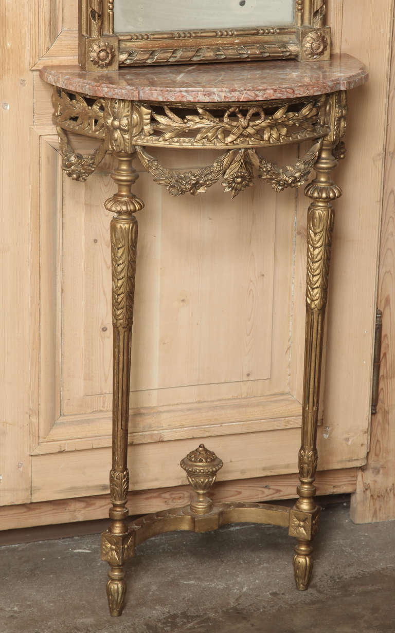19th Century Hand-Carved Italian Louis XVI Gild Wood Mirror & Marble Top Console 3