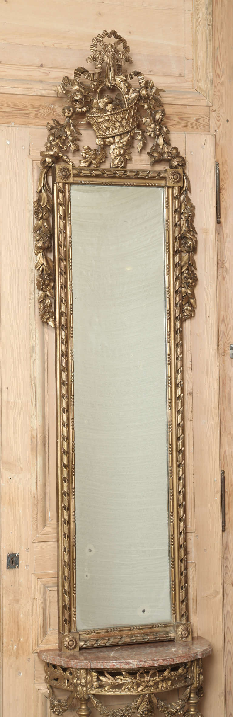 19th Century Hand-Carved Italian Louis XVI Gild Wood Mirror & Marble Top Console 4