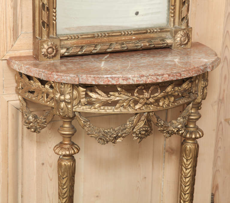 Neoclassical 19th Century Hand-Carved Italian Louis XVI Gild Wood Mirror & Marble Top Console