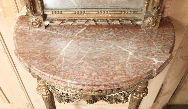 Beveled 19th Century Hand-Carved Italian Louis XVI Gild Wood Mirror & Marble Top Console