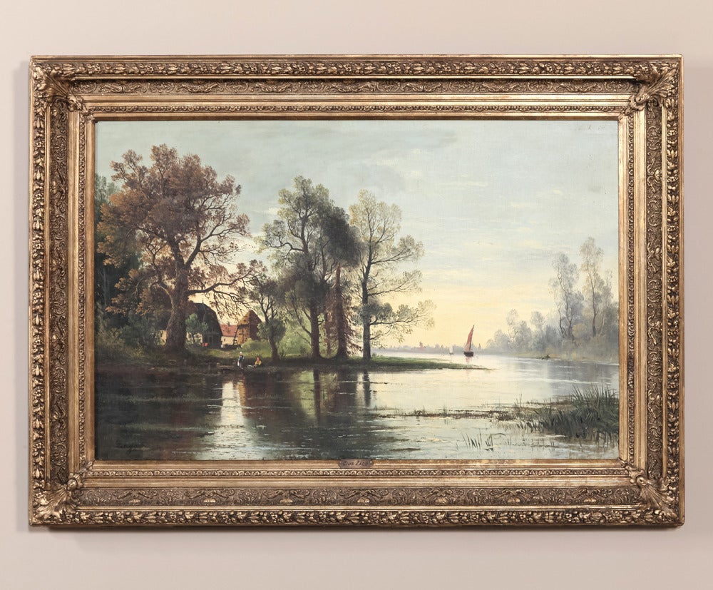 This exquisite pastoral-themed Framed Oil Painting on Canvas was painted by Giuseppe Zago, known for his post-impressionism work.  Here we see the combination of water, forest, sky and even a sailboat, all showcasing the artist's well-rounded