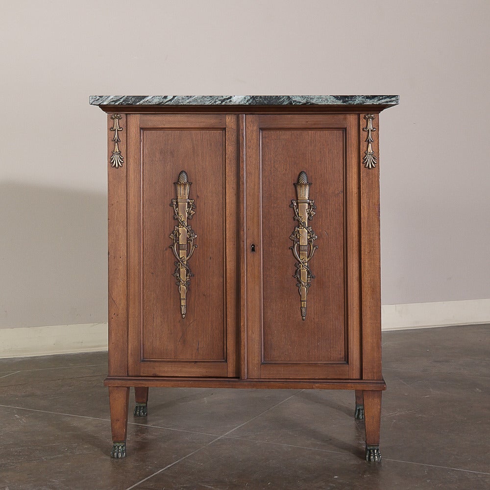 Handcrafted by master Italian artisans from select walnut, this handsome 19th century neoclassical cabinet console will make the perfect choice for any entryway, hallway, study, library ~ simply a good choice for any room! Cascading spray of floral