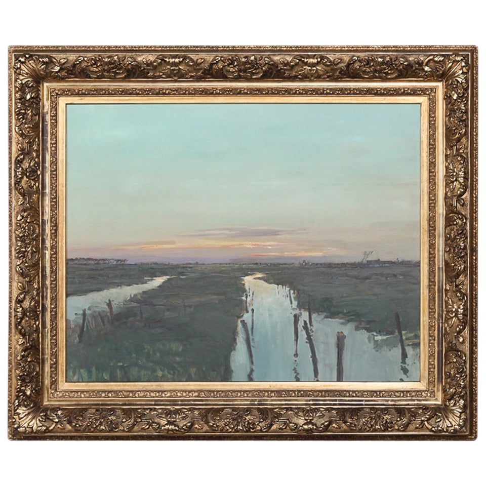 19th Century Gilded Frame with Landscape Painting Oil on Canvas