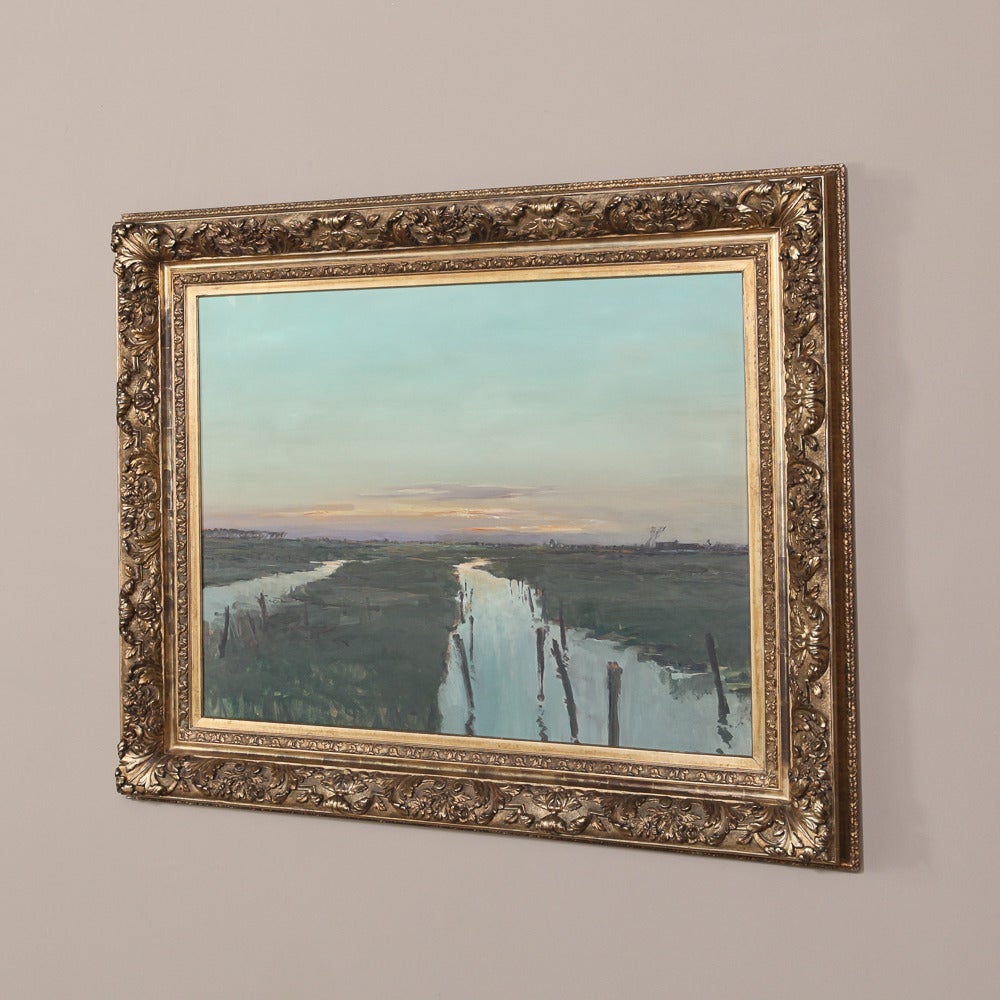 Belgian 19th Century Gilded Frame with Landscape Painting Oil on Canvas